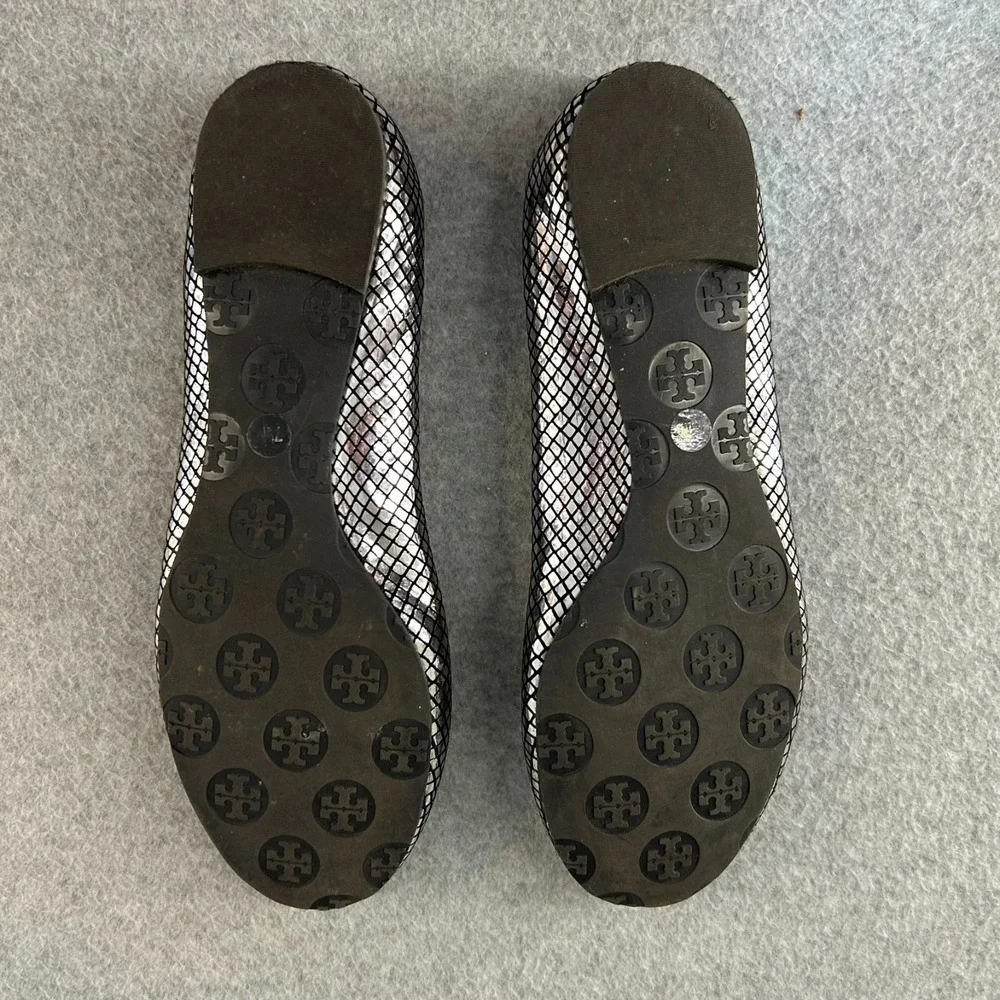 Tory Burch Platinum Silver Embossed Reva Leather Flats Slip On Shoes Size 7.5 M
